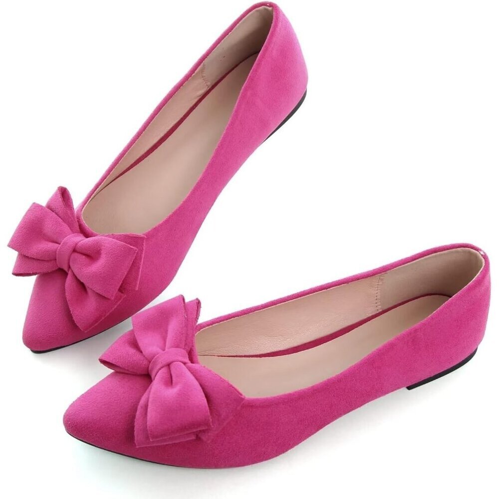 Women's Rose Pink Bowknot Ballet Flats Pointy Toe Casual Flat Shoes Suede - Picture 6 of 7